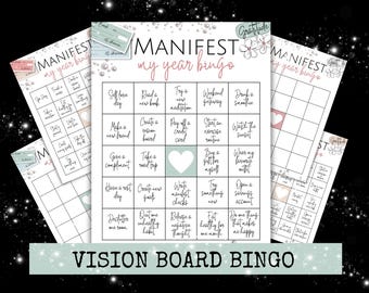 May include: A printable vision board bingo card with a light blue and pink color scheme. The card has a 5x5 grid with squares containing phrases like "Self-care day", "Read a new book", "Try a new meditation", "Weekend getaway", "Drink a smoothie", "Make a new friend", "Create a vision board", "Pay off a credit card", "Start an exercise routine", "Watch the sunset", "Give a compliment", "Take a road trip", "Buy a gift for myself", "Wear my favorite outfit", "Have a rest day", "Create new goals", "Write a manifest checklist", "Try something new", "Open a savings account", "Declutter one room", "Quit one unhealthy habit", "Release negative thoughts", "Eat healthy for one month", "Do one thing that makes me happy". The card has the text "MANIFEST my year bingo" at the top and "VISION BOARD BINGO" at the bottom.