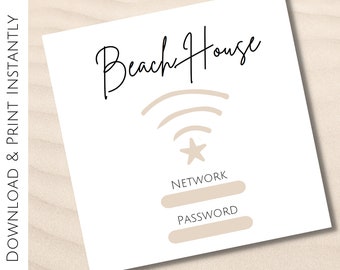 Printable Wifi Password Sign for Beach House, Square Sizes, Air bnb Beach House Sign, 4 x 4 in, 5 x 5 in, 6 x 6 in, 8 x 8 inch, Wifi Sign