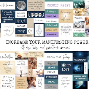 Puede incluir: Un collage de im&aacute;genes con texto y gr&aacute;ficos relacionados con la manifestaci&oacute;n, la espiritualidad y la superaci&oacute;n personal. Las im&aacute;genes incluyen cristales, lunas, estrellas y una persona meditando. El texto incluye frases como "manifestar con la luna", "reinicio c&oacute;smico", "aumenta tu poder de manifestaci&oacute;n", "eleva tu vibraci&oacute;n", "de las estrellas", "dios es amor", "sintoniza", "sana", "lecciones del alma", "amor", "vibra alto", "libera replantea escucha act&uacute;a", "sigue tu alma", "crea mi propio destino", "alineado con mi yo superior", "misi&oacute;n luz karma", "semilla estelar", "guardi&aacute;n", "universo", "ley de atracci&oacute;n", "venus", "soy uno con el universo", "tierra", "j&uacute;piter", "brilla y as&iacute; ser&aacute;", "vive 5d", "en este momento estoy exactamente donde necesito estar", "mente cuerpo alma", "aura irradia", "por qu&eacute; siempre tienes un &aacute;ngel a tu lado".