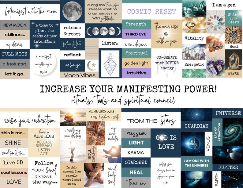 Puede incluir: Un collage de im&aacute;genes con texto y gr&aacute;ficos relacionados con la manifestaci&oacute;n, la espiritualidad y la superaci&oacute;n personal. Las im&aacute;genes incluyen cristales, lunas, estrellas y una persona meditando. El texto incluye frases como "manifestar con la luna", "reinicio c&oacute;smico", "aumenta tu poder de manifestaci&oacute;n", "eleva tu vibraci&oacute;n", "de las estrellas", "dios es amor", "sintoniza", "sana", "lecciones del alma", "amor", "vibra alto", "libera replantea escucha act&uacute;a", "sigue tu alma", "crea mi propio destino", "alineado con mi yo superior", "misi&oacute;n luz karma", "semilla estelar", "guardi&aacute;n", "universo", "ley de atracci&oacute;n", "venus", "soy uno con el universo", "tierra", "j&uacute;piter", "brilla y as&iacute; ser&aacute;", "vive 5d", "en este momento estoy exactamente donde necesito estar", "mente cuerpo alma", "aura irradia", "por qu&eacute; siempre tienes un &aacute;ngel a tu lado".