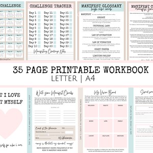 Op de afbeelding: Een 35-pagina's tellend printbaar werkboek met een roze en blauwe kleurstelling. Het werkboek heeft de titel "35 pagina's printbaar werkboek Brief | A4" en bevat pagina's voor manifestatie-uitdagingen, het opschrijven wat je leuk vindt aan jezelf, het maken van een vision board en het doorbrengen van tijd in de natuur.
