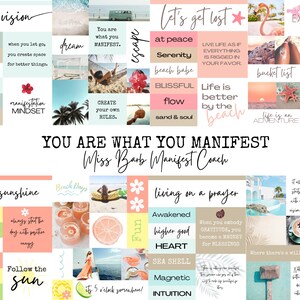 Puede incluir: Un collage de im&aacute;genes con citas y frases inspiradoras sobre manifestar tus sue&ntilde;os y vivir una vida positiva. Las im&aacute;genes incluyen playas, puestas de sol, palmeras y otras im&aacute;genes tropicales. El texto incluye frases como "T&uacute; eres lo que manifiestas", "Vive la vida como si todo estuviera ama&ntilde;ado a tu favor" y "Sigue al sol".