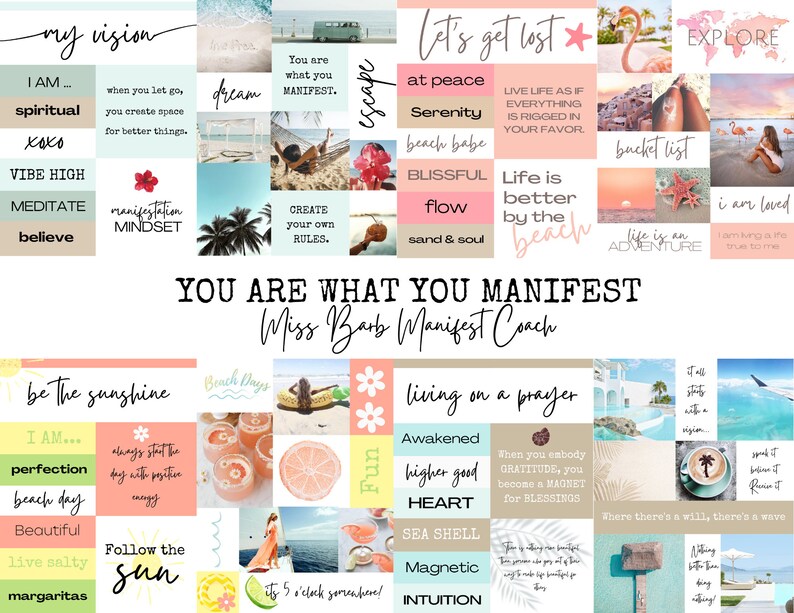 Puede incluir: Un collage de im&aacute;genes con citas y frases inspiradoras sobre manifestar tus sue&ntilde;os y vivir una vida positiva. Las im&aacute;genes incluyen playas, puestas de sol, palmeras y otras im&aacute;genes tropicales. El texto incluye frases como "T&uacute; eres lo que manifiestas", "Vive la vida como si todo estuviera ama&ntilde;ado a tu favor" y "Sigue al sol".