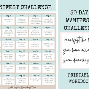 Op de afbeelding: Een printbaar 30-daags manifestatie-uitdaging-werkboek met een lichtblauw en roze kleurenschema. Het werkboek bevat dagelijkse prompts om je te helpen je dromen te manifesteren. De tekst "manifesteer het leven waarvan je altijd hebt gedroomd!" is geschreven in een cursief schrift.