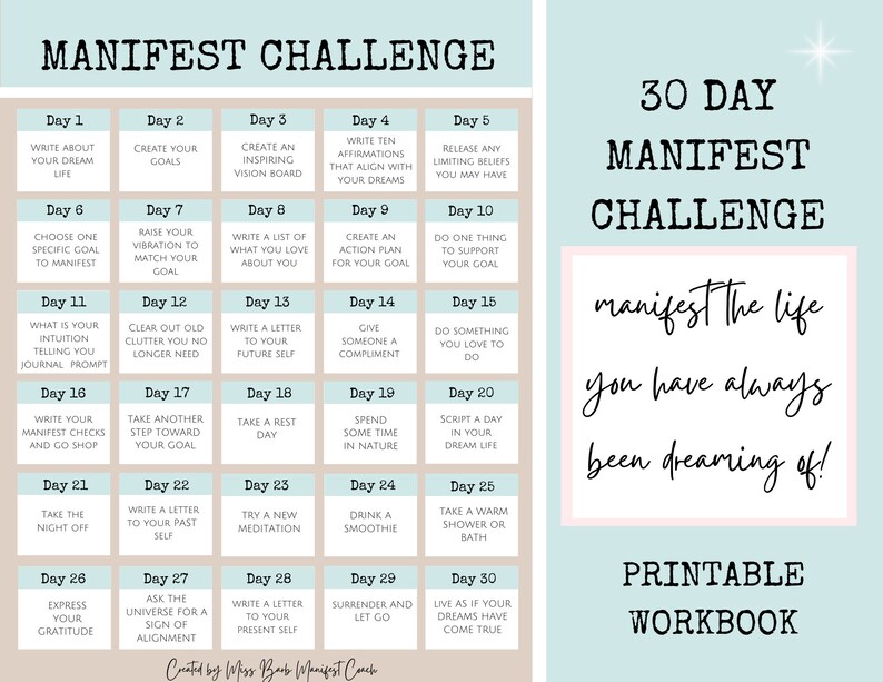Op de afbeelding: Een printbaar 30-daags manifestatie-uitdaging-werkboek met een lichtblauw en roze kleurenschema. Het werkboek bevat dagelijkse prompts om je te helpen je dromen te manifesteren. De tekst "manifesteer het leven waarvan je altijd hebt gedroomd!" is geschreven in een cursief schrift.