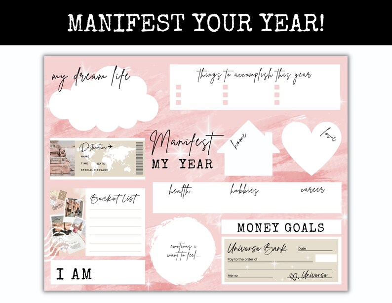 Peut inclure: Une feuille de calcul imprimable rose et blanche avec le texte "Manifest Your Year!" en haut. La feuille de calcul est divis&eacute;e en sections pour "My Dream Life", "Things to Accomplish This Year", "Manifest My Year", "Bucket List", "I Am", "Health", "Home", "Hobbies", "Career", "Love", et "Money Goals".
