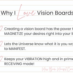 Peut inclure: Graphique de c&oelig;ur rose avec le texte "Why I love Vision Boards" sur un fond lign&eacute;. Le texte sous le titre se lit comme suit : "Cr&eacute;er un tableau de vision a le pouvoir de MAGN&Eacute;TISER vos d&eacute;sirs directement dans votre vie. Laissez l'Univers savoir ce que vous voulez MANIFESTER. Gardez votre VIBRATION &eacute;lev&eacute;e et en mode RECEPTION optimale ! Miss Barb, Manifest Coach"