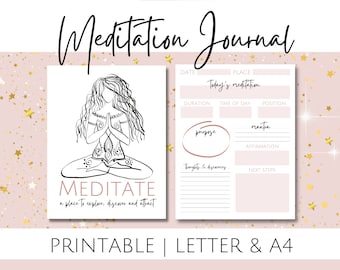 Afdrukbaar meditatiedagboek voor het manifesteren van je droomleven, meditatiewerkbladsjabloon, formaat US Letter en A4, meditatieritueel