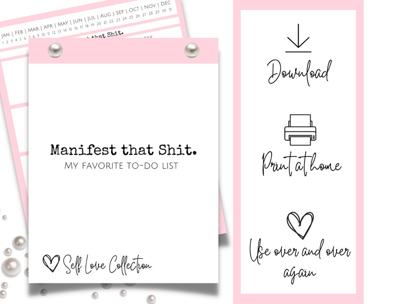 K&ouml;nnte beinhalten: Eine druckbare rosa und wei&szlig;e To-Do-Liste mit dem Text "Manifest that Shit. My Favorite To-Do List" und dem Text "Self Love Collection". Die Druckvorlage enth&auml;lt auch Anweisungen zum Herunterladen, Ausdrucken zu Hause und zum wiederholten Gebrauch.