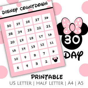 30 Tage Urlaub Countdown zum Ausdrucken, Pink Minnie Inspiration, 30 Tage bis, magisch inspirierter Urlaub Countdown, druckbare PDF-Datei