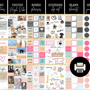 Pu&ograve; includere: Un foglio stampabile per planner digitale con una variet&agrave; di adesivi, citazioni e frasi. Il foglio include immagini di cani, gatti e cuori. Il foglio &egrave; progettato per l'uso in un planner digitale o un bullet journal.