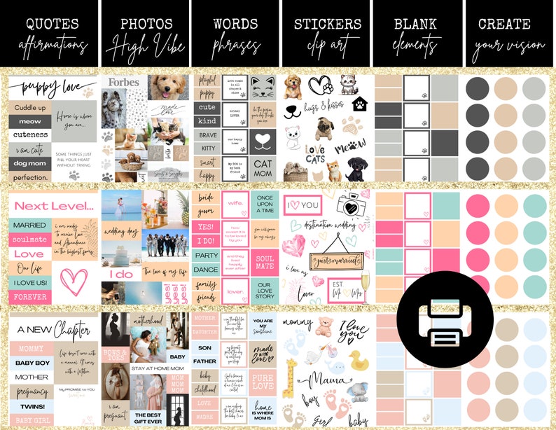 Pu&ograve; includere: Un foglio stampabile per planner digitale con una variet&agrave; di adesivi, citazioni e frasi. Il foglio include immagini di cani, gatti e cuori. Il foglio &egrave; progettato per l'uso in un planner digitale o un bullet journal.