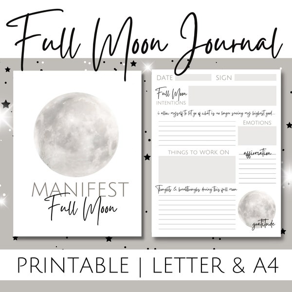 Printable Full Moon Journal Pages for Manifesting with the Moon, Full Moon Worksheet, Size Letter and A4, Full Moon Ritual Worksheet