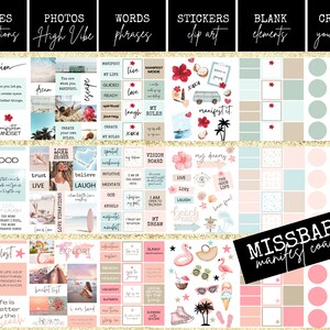 Pu&ograve; includere: Un planner digitale a tema tropicale. Il planner include citazioni, foto, parole, adesivi, elementi vuoti e una sezione per creare la tua visione. Il planner presenta una combinazione di colori rosa, blu e verde con un bordo dorato glitterato. Il testo "MISSBARB manifest coach" &egrave; visibile nell'angolo in basso a destra.