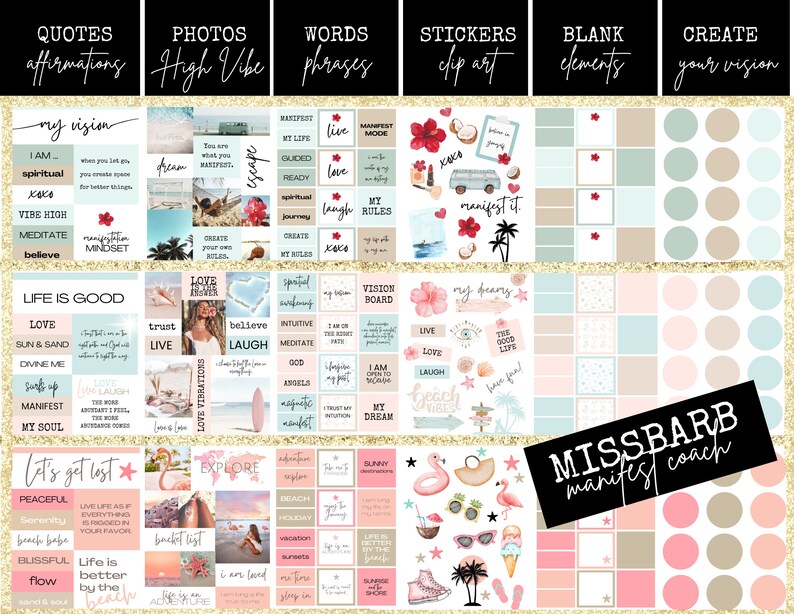 Pu&ograve; includere: Un planner digitale a tema tropicale. Il planner include citazioni, foto, parole, adesivi, elementi vuoti e una sezione per creare la tua visione. Il planner presenta una combinazione di colori rosa, blu e verde con un bordo dorato glitterato. Il testo "MISSBARB manifest coach" &egrave; visibile nell'angolo in basso a destra.