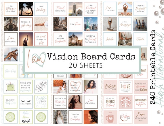 Vision Board Printable Cards, 240 High Vibrational Cards for Vision Board,  I AM Affirmations and Uplifting Photos, 20 Pages, PDF 