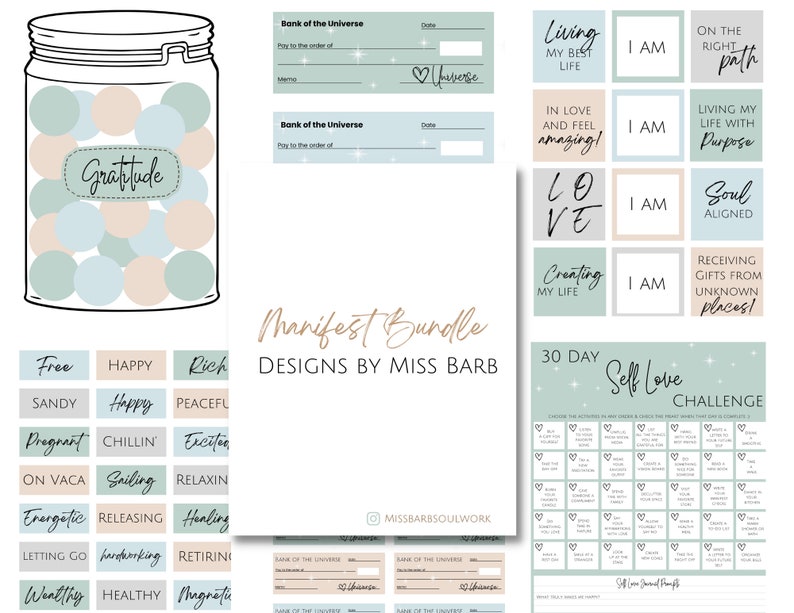 May include: A printable digital download for a self-love challenge. The challenge is a 30-day calendar with a different self-love prompt for each day. The calendar is in shades of green and blue with white stars. The text "30 Day Self Love Challenge" is at the top of the calendar.