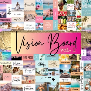 Vision Board-kit, 40 afdrukbare pagina's, foto's van hoge kwaliteit en inspirerende woorden om je Vision Board te maken, gratis manifestcheques inbegrepen