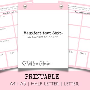 K&ouml;nnte beinhalten: Druckbare rosa To-Do-Liste mit dem Text "Manifest that Shit." und "My Favorite To-Do List". Die Liste enth&auml;lt Abschnitte f&uuml;r Personen, die man anrufen kann, Orte, die man besuchen kann, Dinge, die man kaufen kann, Besorgungen, Affirmationen und Dinge, f&uuml;r die man dankbar sein kann.