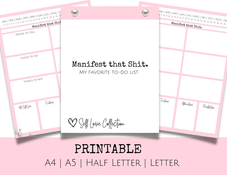K&ouml;nnte beinhalten: Druckbare rosa To-Do-Liste mit dem Text "Manifest that Shit." und "My Favorite To-Do List". Die Liste enth&auml;lt Abschnitte f&uuml;r Personen, die man anrufen kann, Orte, die man besuchen kann, Dinge, die man kaufen kann, Besorgungen, Affirmationen und Dinge, f&uuml;r die man dankbar sein kann.
