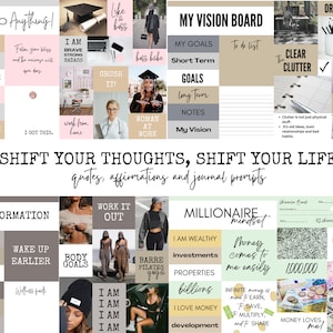 Puede incluir: Un collage de citas y afirmaciones motivacionales para el crecimiento personal y el &eacute;xito. El collage presenta im&aacute;genes de un gorro de graduaci&oacute;n, una mujer trabajando desde casa, una mujer haciendo ejercicio y una mujer haciendo barre pilates. El texto incluye frases como "&iexcl;Puedo hacer cualquier cosa!" "&iexcl;Trabaja en ello!" y "El dinero me llega f&aacute;cilmente".
