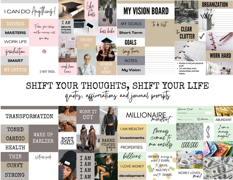 Puede incluir: Un collage de citas y afirmaciones motivacionales para el crecimiento personal y el &eacute;xito. El collage presenta im&aacute;genes de un gorro de graduaci&oacute;n, una mujer trabajando desde casa, una mujer haciendo ejercicio y una mujer haciendo barre pilates. El texto incluye frases como "&iexcl;Puedo hacer cualquier cosa!" "&iexcl;Trabaja en ello!" y "El dinero me llega f&aacute;cilmente".