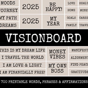 Vision Board Words Phrases and Affirmations Kit imprimable pour créer un Vision Board, 700 mots et expressions imprimables pour Vision Board 2025