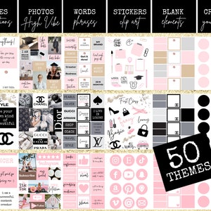 Pu&ograve; includere: Un planner digitale con 50 temi per creare una vision board. I temi includono citazioni, foto, parole, adesivi, elementi vuoti e crea la tua visione. I temi sono organizzati in una griglia, ogni tema ha uno schema di colori diverso. I temi includono citazioni ispiratrici, foto di marchi di lusso e parole legate al successo e alla crescita personale.