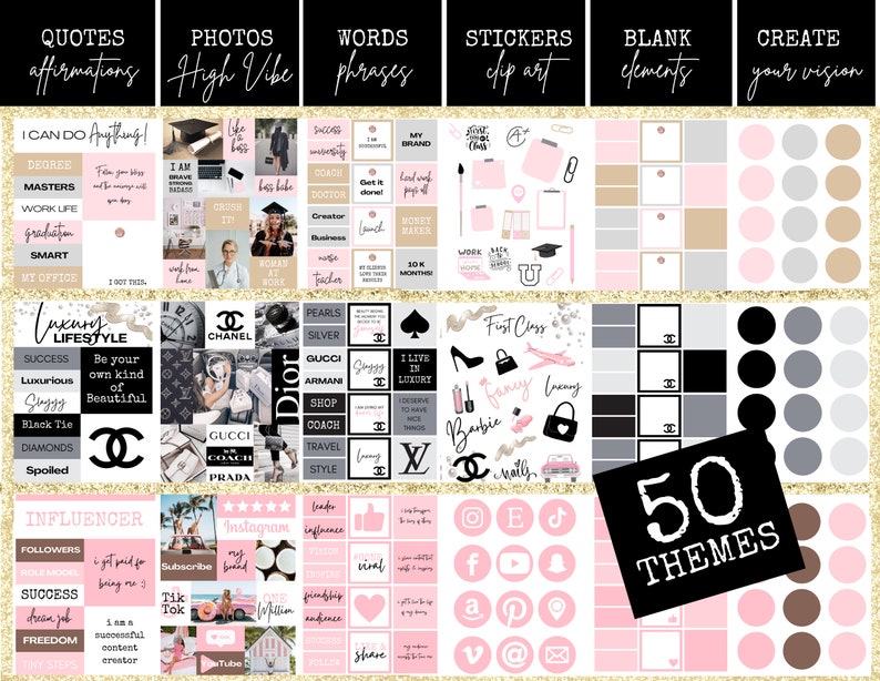 Pu&ograve; includere: Un planner digitale con 50 temi per creare una vision board. I temi includono citazioni, foto, parole, adesivi, elementi vuoti e crea la tua visione. I temi sono organizzati in una griglia, ogni tema ha uno schema di colori diverso. I temi includono citazioni ispiratrici, foto di marchi di lusso e parole legate al successo e alla crescita personale.