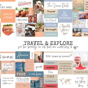 Puede incluir: Un collage de im&aacute;genes con temas de viajes y aventuras. Las im&aacute;genes incluyen melocotones, un globo aerost&aacute;tico, un mapa, un avi&oacute;n, una lista de deseos y el texto "Viajar y explorar".
