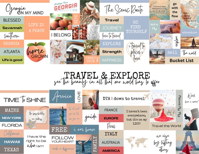 Puede incluir: Un collage de im&aacute;genes con temas de viajes y aventuras. Las im&aacute;genes incluyen melocotones, un globo aerost&aacute;tico, un mapa, un avi&oacute;n, una lista de deseos y el texto "Viajar y explorar".