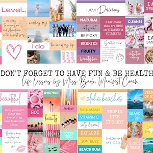 Puede incluir: Un collage de im&aacute;genes coloridas con citas y frases motivacionales. Las im&aacute;genes incluyen una ceremonia de boda, una pi&ntilde;a, un batido, una escena de playa y un coraz&oacute;n. El texto incluye frases como "Next Level", "Soy delicioso", "No olvides divertirte y estar saludable", "Lecciones de vida de Miss Barbs, Coach de Manifestaci&oacute;n", "Soy hermosa", "Aloha Beaches", y "Amar la vida".