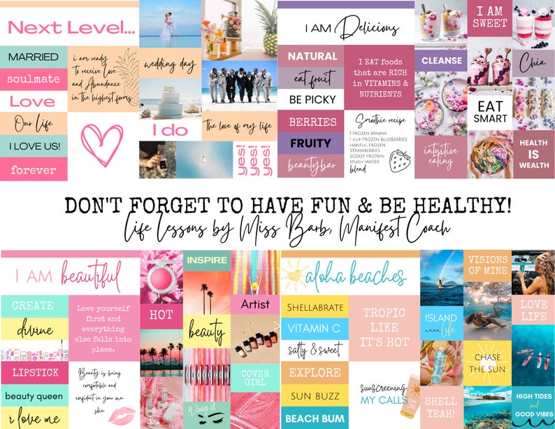 Puede incluir: Un collage de im&aacute;genes coloridas con citas y frases motivacionales. Las im&aacute;genes incluyen una ceremonia de boda, una pi&ntilde;a, un batido, una escena de playa y un coraz&oacute;n. El texto incluye frases como "Next Level", "Soy delicioso", "No olvides divertirte y estar saludable", "Lecciones de vida de Miss Barbs, Coach de Manifestaci&oacute;n", "Soy hermosa", "Aloha Beaches", y "Amar la vida".