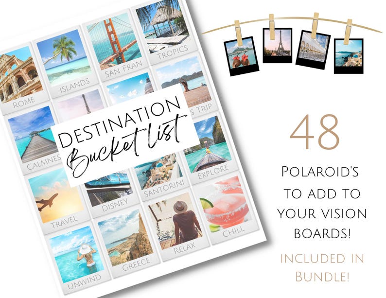 May include: A set of 48 Polaroid-style images featuring travel destinations, with the text "DESTINATION Bucket List" on a white background.