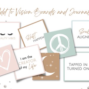May include: A set of printable cards with motivational quotes and phrases, including "Beauty Vibes", "Shift Happen", "Soul Aligned", "I am the Creator of my Life", "Tapped In Turned On". The cards are designed in a minimalist style with a light pink, light blue, and brown color scheme.