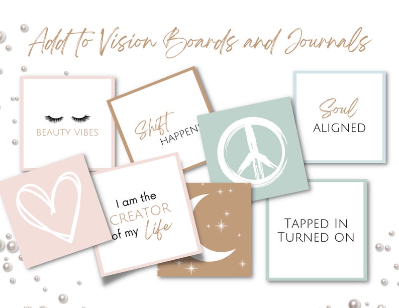 May include: A set of printable cards with motivational quotes and phrases, including "Beauty Vibes", "Shift Happen", "Soul Aligned", "I am the Creator of my Life", "Tapped In Turned On". The cards are designed in a minimalist style with a light pink, light blue, and brown color scheme.
