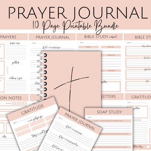 May include: A printable prayer journal bundle with 10 pages. The pages include sections for prayer, bible study, sermon notes, gratitude, and soap study. The pages are pink with black text and a cross design.