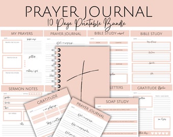 May include: A printable prayer journal bundle with 10 pages. The pages include sections for prayer, bible study, sermon notes, gratitude, and soap study. The pages are pink with black text and a cross design.