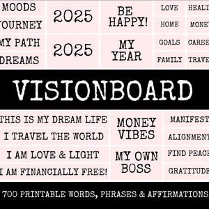 Mots, expressions et affirmations du Vision Board imprimables, 25 pages imprimables, expression des mots pour créer un Vision Board, nouveauté pour 2025 !
