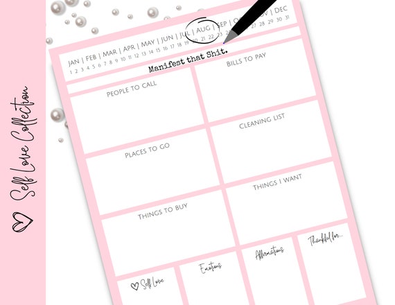 Printable To-Do List to Manifest and Organize, Self-Love and Wellness Check-In, A4 A5 Letter and Half Letter, Manifest that Shit.