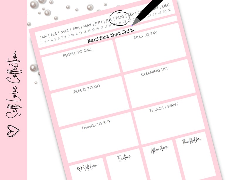 K&ouml;nnte beinhalten: Rosa bedruckbarer Planer mit einem Kalender, Abschnitten f&uuml;r Personen, die man anrufen kann, Orte, die man besuchen kann, Dinge, die man kaufen kann, eine Reinigungsliste, Dinge, die ich m&ouml;chte, Affirmationen, Emotionen und Dankbarkeit. Der Planer hat oben den Text "Manifest that Shit."