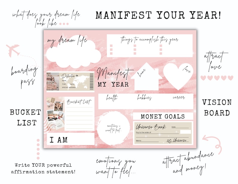 Peut inclure: Un tableau de vision rose et blanc avec le texte "Manifest Your Year!" et "Vision Board". Le tableau est divis&eacute; en sections pour les objectifs, les r&ecirc;ves et les affirmations. Il comprend une liste de choses &agrave; faire, des objectifs financiers et une section pour attirer l'amour et l'abondance.
