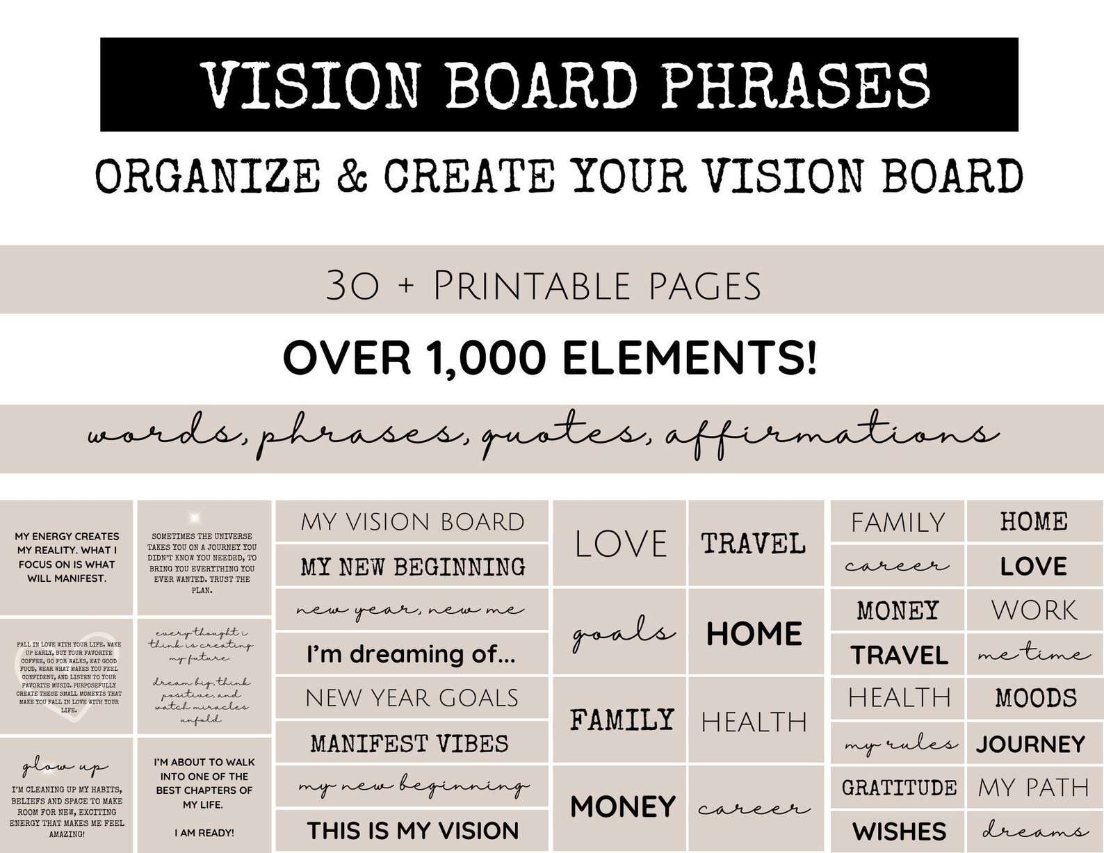 Vision Board Words Phrases and Affirmations Printable Kit for Creating