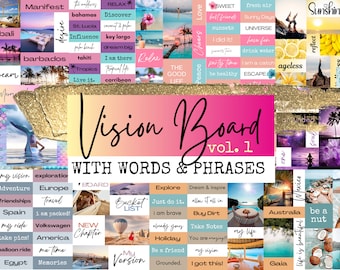 Paquete de tableros de visión con 70 páginas imprimibles, 1500 elementos para crear un tablero de visión, incluye palabras, frases, fotos y afirmaciones.
