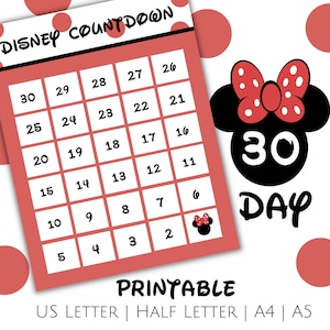 Minnie 30 Day Printable Vacation Countdown, Vacation Countdown Size US Letter, Half Letter, A4, A5, Printable PDF