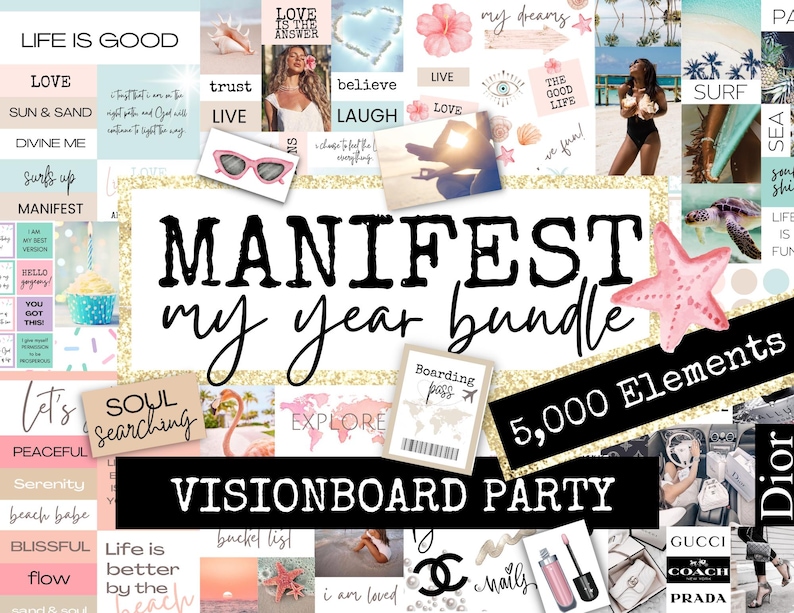 Vision Board Party 2026 stampabile per celebrare il tuo anno migliore! Kit Vision Board Party con affermazioni, citazioni, parole, frasi e altro ancora! immagine 1