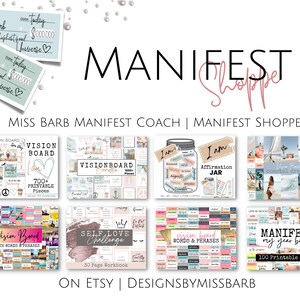 K&ouml;nnte beinhalten: Eine Sammlung von druckbaren Vision Boards und Manifestationsprodukten, darunter ein Vision Board mit &uuml;ber 700 druckbaren Teilen, ein Workbook zur Selbstliebe-Herausforderung, ein Vision Board mit W&ouml;rtern und Phrasen sowie ein Manifest-Paket f&uuml;r mein Jahr mit 100 druckbaren Seiten. Die Produkte sind auf Etsy bei DesignsByMissBarb erh&auml;ltlich.