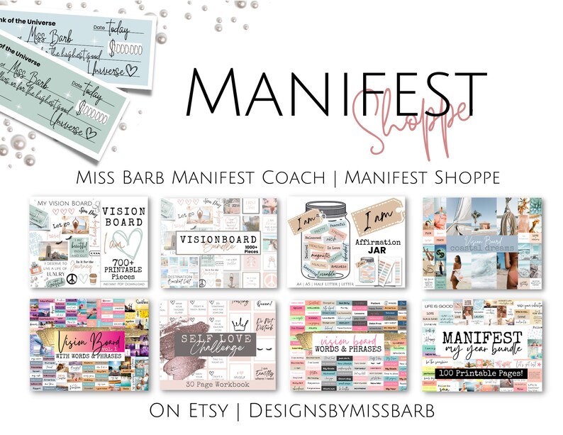 K&ouml;nnte beinhalten: Eine Sammlung von druckbaren Vision Boards und Manifestationsprodukten, darunter ein Vision Board mit &uuml;ber 700 druckbaren Teilen, ein Workbook zur Selbstliebe-Herausforderung, ein Vision Board mit W&ouml;rtern und Phrasen sowie ein Manifest-Paket f&uuml;r mein Jahr mit 100 druckbaren Seiten. Die Produkte sind auf Etsy bei DesignsByMissBarb erh&auml;ltlich.