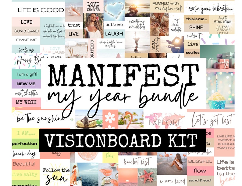 Puede incluir: Un kit de tablero de visi&oacute;n con un esquema de color rosa y blanco. El kit incluye una variedad de im&aacute;genes y texto, incluyendo "MANIFEST my year bundle", "VISIONBOARD KIT", "EXPLORE", "bucket list", "be the sunshine", "follow the sun", "I am loved", "blissful flow", "life is better by the beach", y "live life a everyth is rigged your fav".