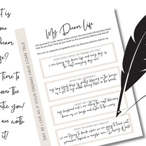 Op de afbeelding: Een printbaar werkblad met de tekst "My Dream Life" en een reeks vragen om je te helpen je ideale leven te visualiseren. De vragen omvatten "Hoe voelt het om mijn droomleven te leven?" en "Wat draag ik?"